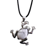 Natural Gemstone Frog Pendant Necklace Teardrop Inlaid Crystal Stone Silver‑Tone Metal Frog Charm 25x27mm Reiki Chakra Healing Stone Pendant With Wax Rope Cord for Women Jewelry Gift Bulk