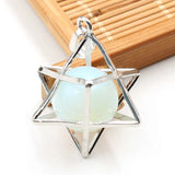 Merkaba Star Cage Natural Sphere Crystal Pendant Necklace, Silver‑Tone Metal Hollow Star Frame with Round Gemstone Bead Reiki Chakra Healing Necklace for Women
