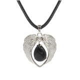 Vintage Silver Angel Wings Heart Necklace - Natural Stone Wax Cord Teardrop Pendant for Men & Women, Spiritual Gift