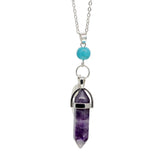 Natural Crystal Point Pendant Necklace with Feather Charm, Hexagonal Gemstone Bullet Point Necklace with Turquoise Bead, Healing Chakra Crystal Jewelry for Women