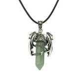Gothic Winged Dragon Hexagonal Crystal Point Necklace, Vintage Silver Pterosaur Column Pendant, Punk Minimalist Protection Amulet with Black Rope Cord for Men & Women