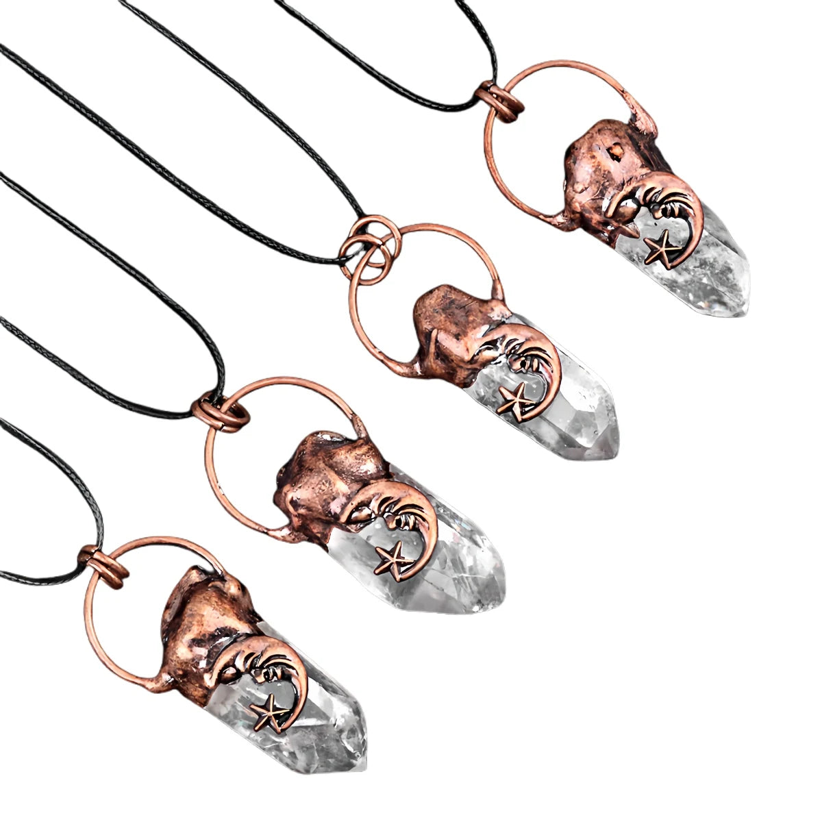 Retro Moon & Star Copper Pendant Necklace | Clear Quartz Crystal Point Tribal Human Face Jewelry for Spiritual Gifts