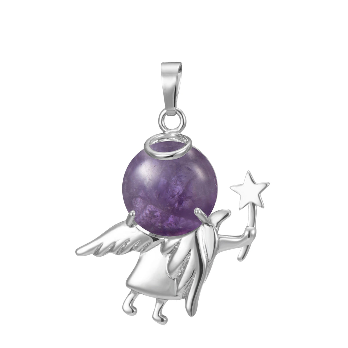 Angel Holding Natural Crystal Ball Pendant Necklace, Silver‑Plated Metal Angel Figurine Spherical Gemstone Charm Reiki Healing Spiritual Jewelry for Women Gift