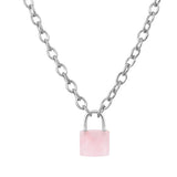Natural Healing Crystal Lock Pendant Necklace, 20-inch Alloy Chain Chakra Gemstone Jewelry