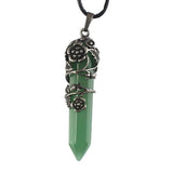 Antique Silver Flower Wire Wrapped Crystal Point Pendant, Natural Gemstone Double Terminated Point Pendant, Floral Metal Wrap Reiki Chakra Healing Pendulum Necklace Pendant for Women