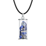 Bohemian Wish Bottle Crystal Necklace, Stainless Steel Frame Clear Glass Vial Pendant Natural Tumbled Stone Chips Inside Adjustable Black Rope Necklace Gift