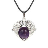 Angel Wing Heart Crystal Ball Pendant Necklace Silver Plated Natural Round Stone Chakra Healing Black Wax Cord Necklace for Women
