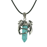Gothic Winged Dragon Hexagonal Crystal Point Necklace, Vintage Silver Pterosaur Column Pendant, Punk Minimalist Protection Amulet with Black Rope Cord for Men & Women