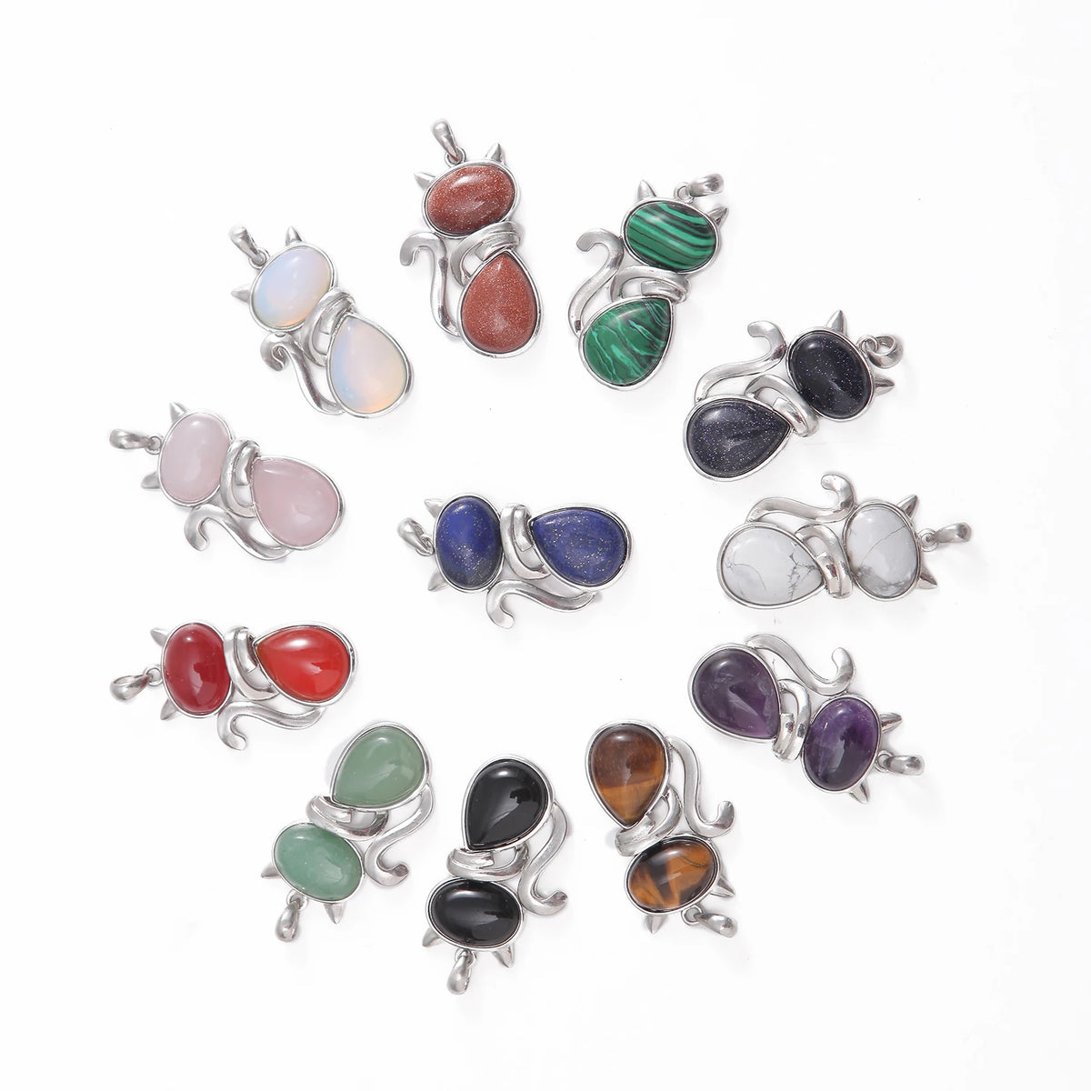 Natural Gemstone Cat Pendant Silver‑Tone Alloy Animal Charm Double Teardrop Inlaid Crystal Stone 22×40mm Chakra Reiki Healing Pendant for DIY Necklace Jewelry Making Bulk