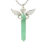 Silver Angel Wing Natural Crystal Point Pendant 35×65mm, Double Terminated Hexagonal Crystal Stone Charm, Reiki Chakra Healing Angel Guardian Pendant for DIY Necklace Spiritual Boho Jewelry Gift