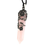 Antique Silver Flower Wire Wrapped Crystal Point Pendant, Natural Gemstone Double Terminated Point Pendant, Floral Metal Wrap Reiki Chakra Healing Pendulum Necklace Pendant for Women