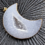 Raw Ice Quartz Geode Moon Pendant | Gold Electroplated Border Druzy Stone for Handmade Earring & Necklace Supply