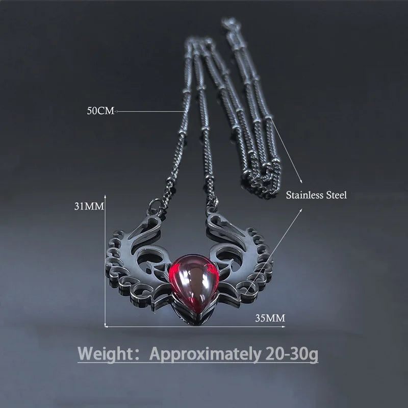 Punk Hip Hop Devil Wing Necklace - Blackened Stainless Steel Water-drop Gemstone Pendant - Grunge Goth Necklaces for Men & Women