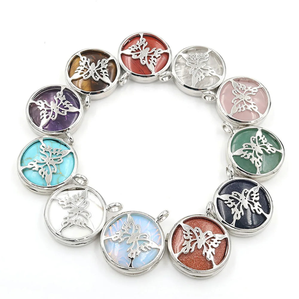 Silver Plated Hollow Butterfly Pendant Natural Round Cabochon Gemstone Inlay Charm for DIY Necklace Jewelry Making