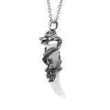 Gothic Silver Dragon Coiled Crystal Fang Necklace • Retro Mythical Creature Natural Gemstone Horn Pendant • Matching Couple Amulet Jewelry