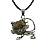 Natural Crystal Cat Pendant Necklace, Silver Alloy Frame Gemstone Charm, Healing Jewelry for Cat Lovers