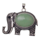 Retro Hollow Pattern Elephant Natural Stone Pendant, Vintage Alloy Lucky Elephant Charm, Healing Crystal Reiki Meditation Amulet for Handmade Necklace