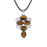5 Stones Oval Crystal Scroll Wire Pendant Necklace, Silver Swirl Frame Natural Gemstone Black Wax Cord Boho Chakra Jewelry