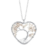 Heart Shaped Tree of Life Pendant Necklace, Natural Chip Gemstone Chakra Crystal Necklace Silver Wire Wrapped Jewelry Gift for Women
