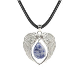 Vintage Silver Angel Wings Heart Necklace - Natural Stone Wax Cord Teardrop Pendant for Men & Women, Spiritual Gift