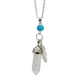 Natural Crystal Point Pendant Necklace with Feather Charm, Hexagonal Gemstone Bullet Point Necklace with Turquoise Bead, Healing Chakra Crystal Jewelry for Women
