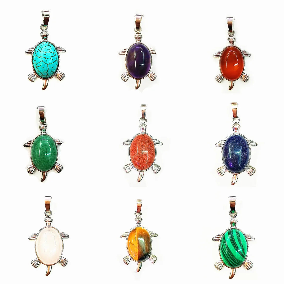 Natural Gemstone Turtle Pendant Silver‑Tone Alloy Tortoise Animal Charm Oval Inlaid Crystal Stone 36×24mm Chakra Reiki Healing Pendant for DIY Necklace Jewelry Making Bulk Wholesale