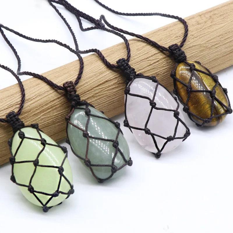 Natural Crystal Woven Net Necklace  Adjustable Braided Cord Stone Holder Pendant, Handmade Netted Cage for Tumbled Gemstone Reiki Healing Jewelry