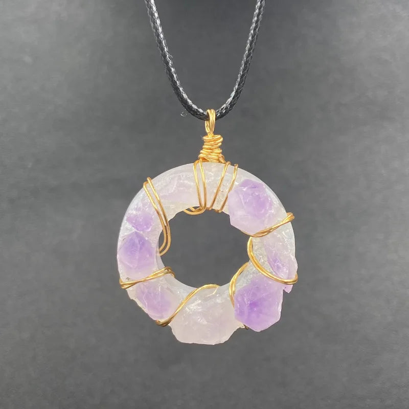 Lucky Donut Circle Healing Crystal Pendant | Wire Wrapped Raw Amethyst Quartz Gem Amulet for Meditation Birthday Spiritual Gift