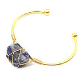 Natural Crystal Bead Bangle - Handmade Wire Wrapped Gold Open Cuff Bracelet - Adjustable Gemstone Bracelet for Chakra Healing & Positive Energy - Gift for Women & Girls