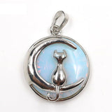 Round Natural Gemstone Pendant Silver Tone Crescent Moon Cat Crystal Charm for DIY Jewelry Making Necklace Craft Supplies