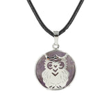 Owl Hollow Pendant Necklace, Silver Plated Natural Crystal Inlay Black Wax Cord Wisdom Symbol Necklace
