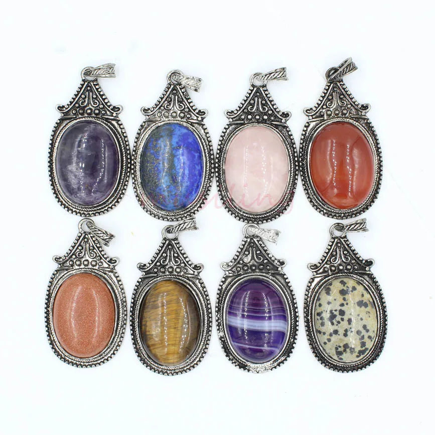 Vintage Antique Silver Oval Natural Gemstone Pendant 30×54mm, Ornate Carved Metal Frame Cabochon Crystal Stone Pendant, Reiki Chakra Healing Charm for DIY Necklace Jewelry Making Bohemian Spiritual Gift