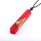 Creative Tie Shape Natural Wood Pendant Necklace, Three‑Color Red Blue Wood Splicing Pendant with Adjustable Black Cord, Handmade Boho Unisex Jewelry