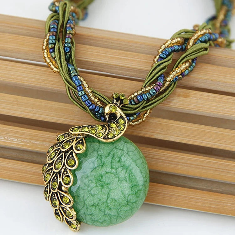 Boho Multi‑Strand Thread Cord Necklace, Vintage Carved Round Stone Ball Pendant Necklace, Ethnic Handmade Statement Necklace for Women 47.5cm