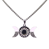 Stainless Steel Triple Moon Goddess Necklace with Celtic Knot - Natural Tiger's Eye Sun Pendant - Wiccan Pagan Spiritual Jewelry for Men & Women