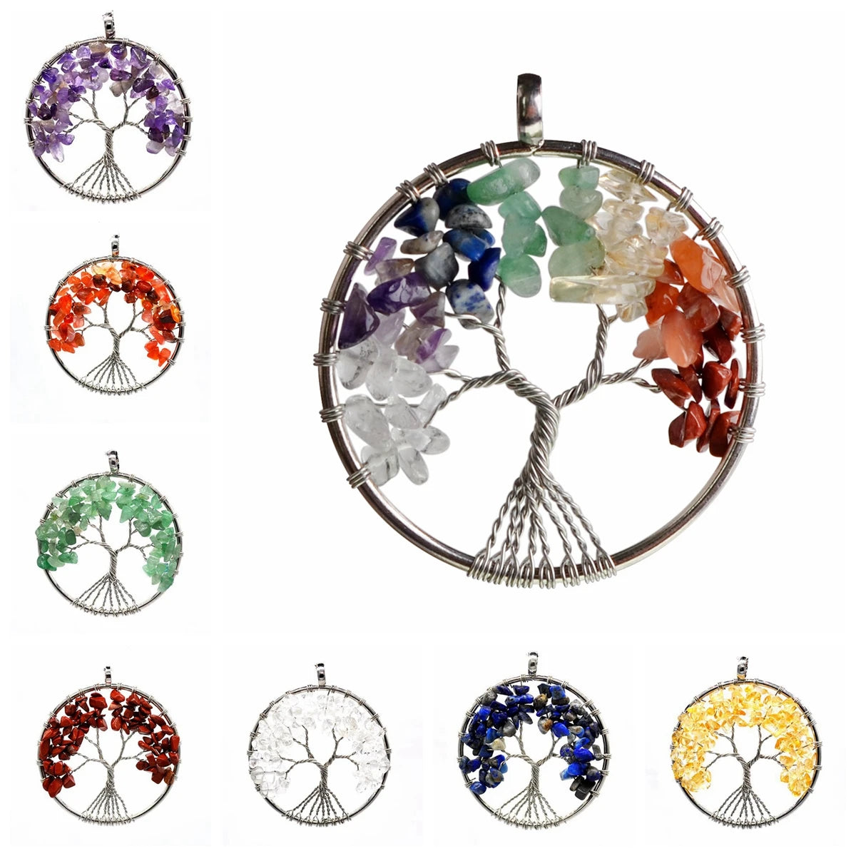 Tree of Life Chip Stone Keychain, Copper Wire Wrapped Natural Crystal Chip Tree Pendant Keyring, Healing Gemstone Bag Car Charm for Women