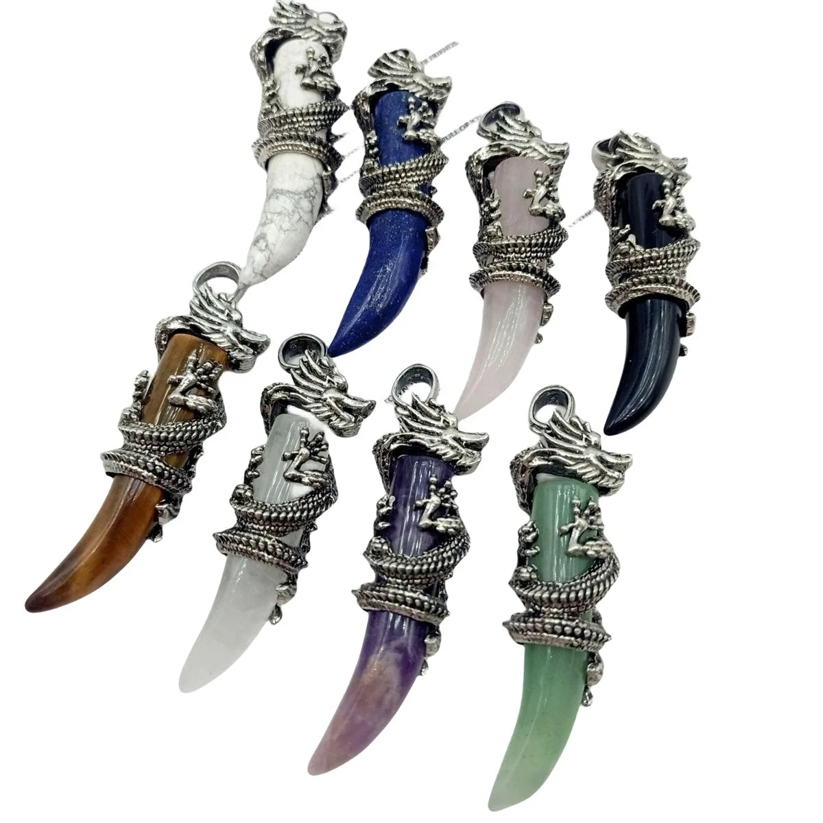 Vintage Stainless Steel Dragon Wrapped Tooth Pendant Necklace • Natural Healing Stone Horn Spike Charms • Gothic Punk Wiccan Crystal Jewelry