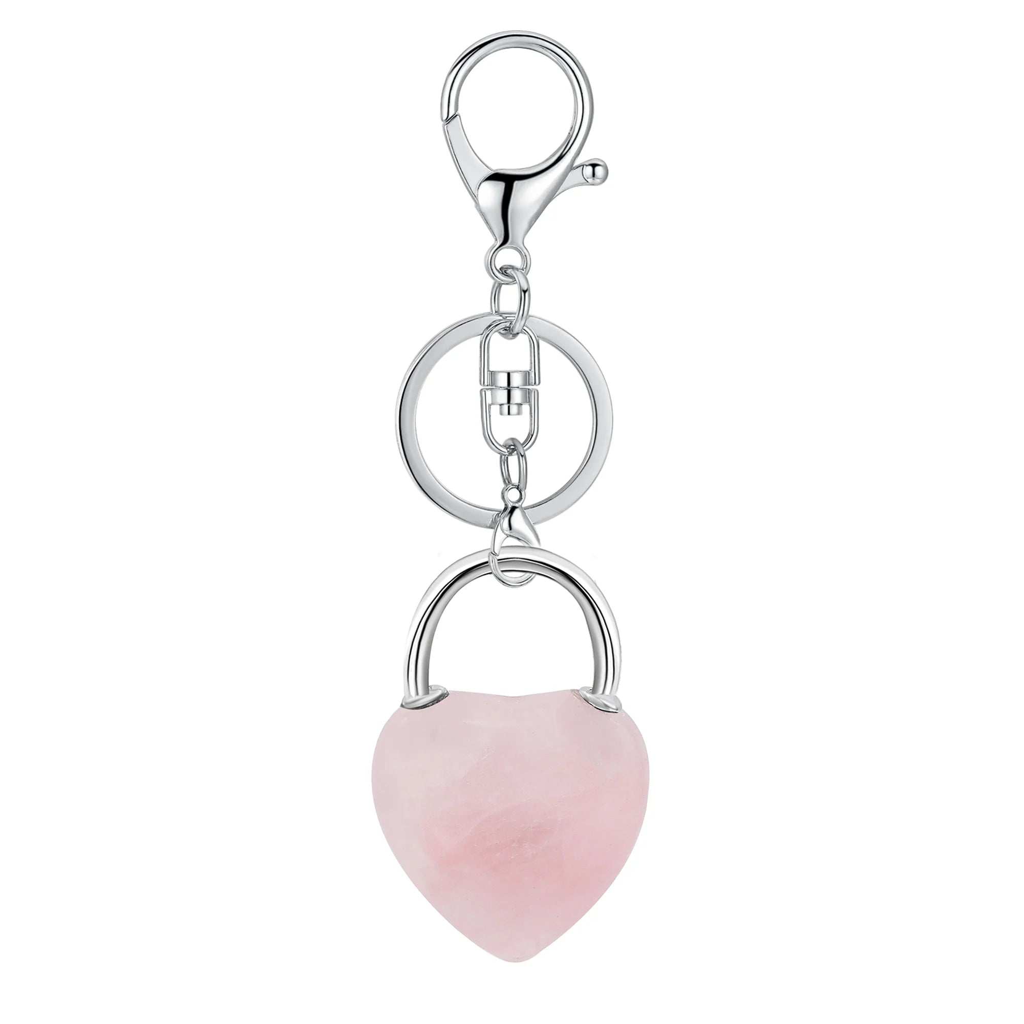 Natural Crystal Heart Lock Keychain, Peach Heart Crystal Bag Charm for Couples