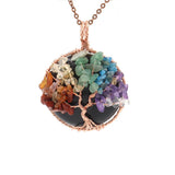 Chakra Tree of Life Wire Wrapped Pendant, Natural Crystal Chip Stone Round Pendant 45mm, Rose Gold Copper Handmade Wrapped Healing Reiki Crystal Necklace Pendant for Jewelry Making Gift