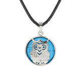 Owl Hollow Pendant Necklace, Silver Plated Natural Crystal Inlay Black Wax Cord Wisdom Symbol Necklace