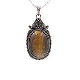 Vintage Antique Silver Oval Natural Gemstone Pendant 30×54mm, Ornate Carved Metal Frame Cabochon Crystal Stone Pendant, Reiki Chakra Healing Charm for DIY Necklace Jewelry Making Bohemian Spiritual Gift