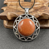 Vintage Six-Pointed Star Openwork Pendant Inlaid Natural Gemstone, Abalone Shell Tiger Eye Rose Quartz Cabochon Antique Silver Spiritual Crystal Necklace for Women