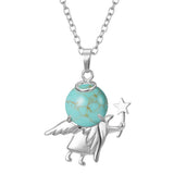 Angel Holding Natural Crystal Ball Pendant Necklace, Silver‑Plated Metal Angel Figurine Spherical Gemstone Charm Reiki Healing Spiritual Jewelry for Women Gift
