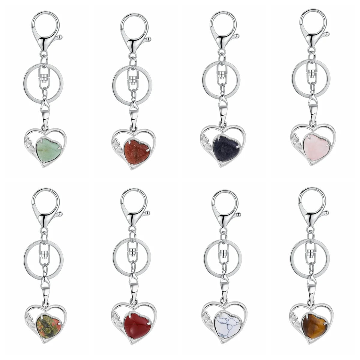 Natural Crystal Hollow Heart Keychain, Healing Stone Pendant with Silver Key Ring
