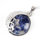 Moon & Star Celestial Natural Gemstone Round Pendant, Silver‑Tone Hollow Star Crescent Moon Frame Crystal Stone Charm for Handmade Necklaces