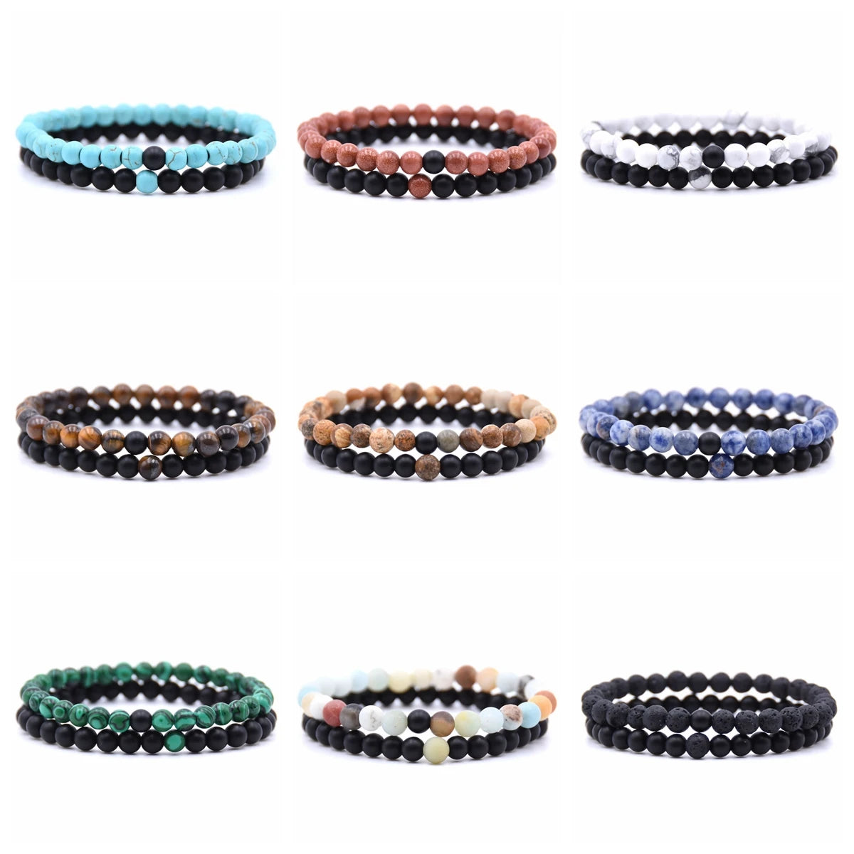 6mm Double Layer Natural Stone Stretch Bracelet, Chakra Healing Crystal Beaded Couple Bracelets Unisex Elastic Wrist Jewelry Gift for Men Women