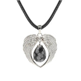 Vintage Silver Angel Wings Heart Necklace - Natural Stone Wax Cord Teardrop Pendant for Men & Women, Spiritual Gift
