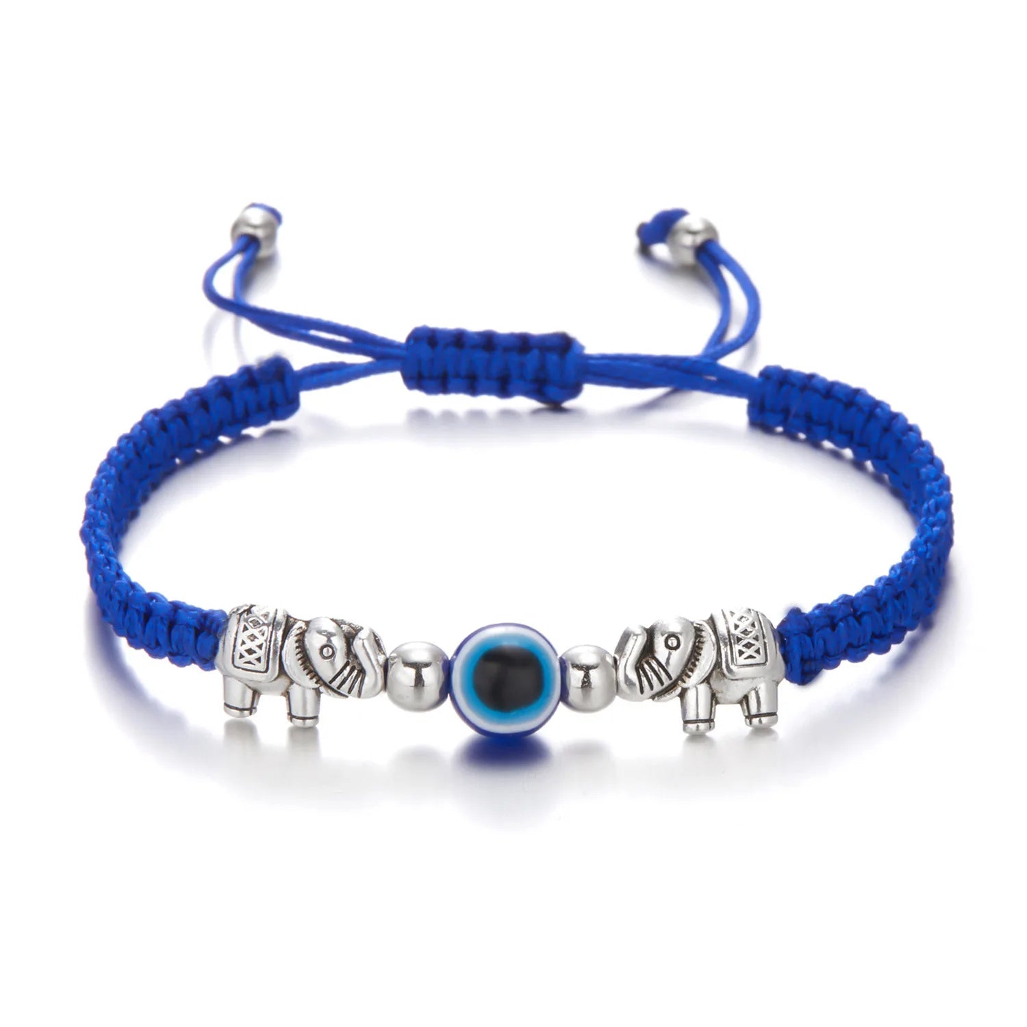 Adjustable Evil Eye Braided Rope Bracelet with Silver Elephant Charm Turkish Lucky Protection Red Black Blue String Bracelets for Women Men Amulet Jewelry