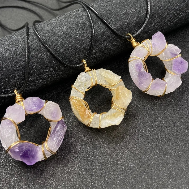 Lucky Donut Circle Healing Crystal Pendant | Wire Wrapped Raw Amethyst Quartz Gem Amulet for Meditation Birthday Spiritual Gift