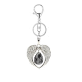 Silver Angel Wings Heart Keyring - Natural Stone Teardrop Crystal Keychain for Purse, Backpack, Handbag, Car Keys